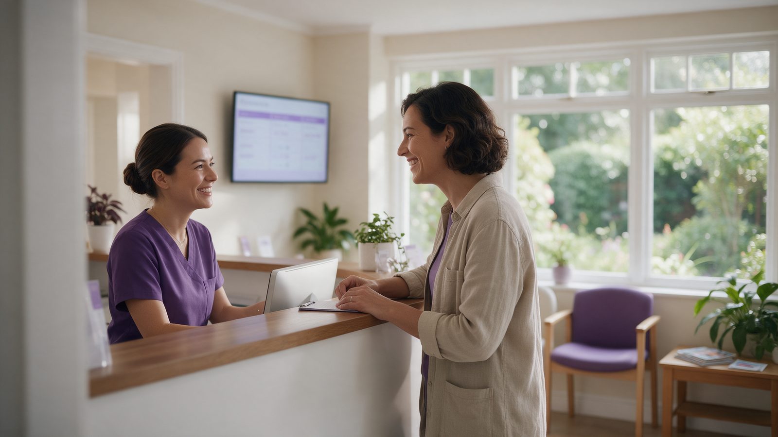 Una recepcionista recibe con una sonrisa a una paciente que llega al mostrador de una clínica dental luminosa