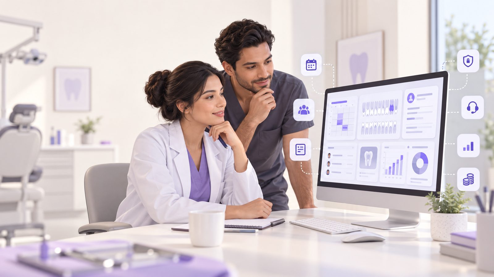 Dos profesionales de una clínica dental revisan juntos en pantalla el panel de un software odontológico con la agenda, el odontograma y los reportes